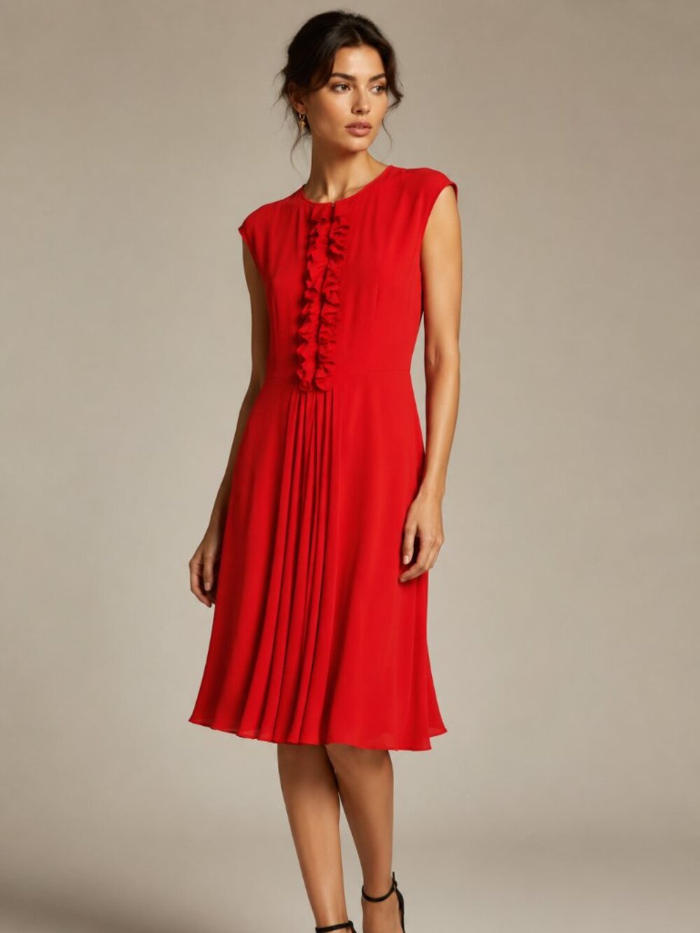 Prada Red Sleeveless Midi Dress with Front Ruffle and Pleats